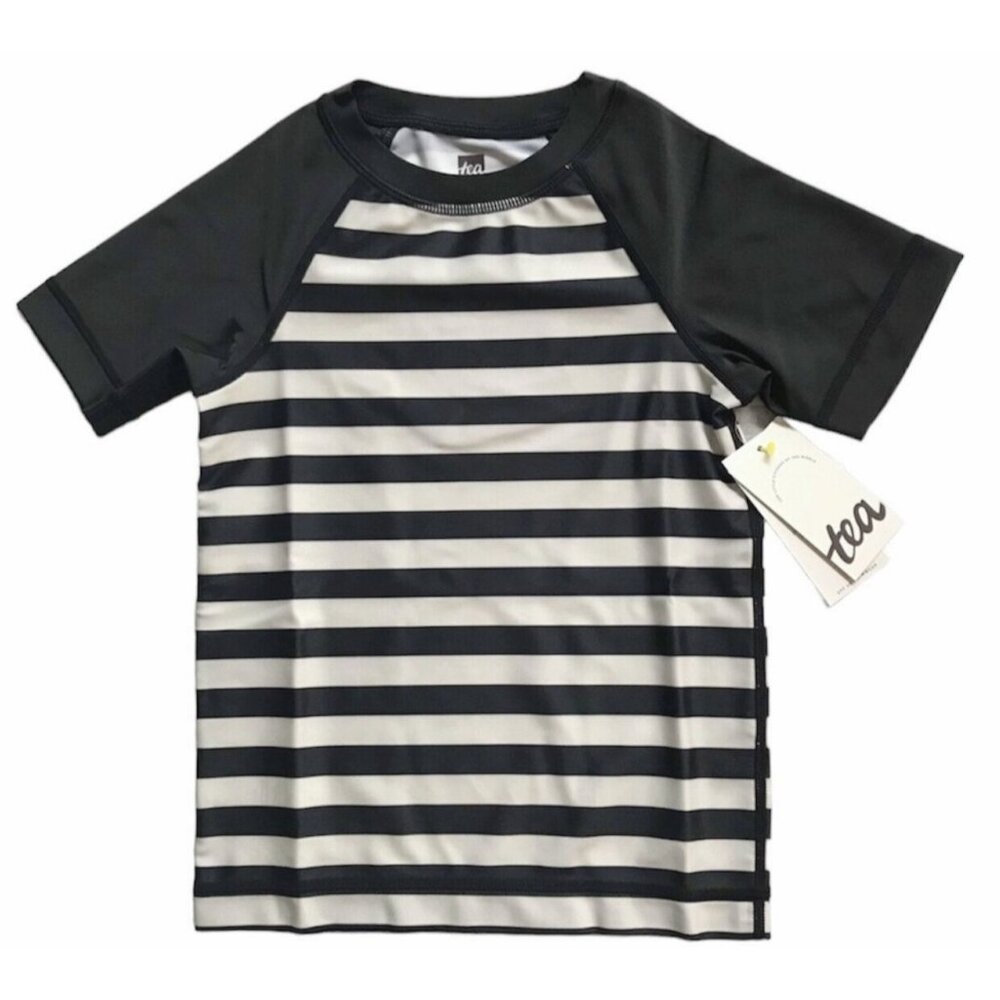 NWT Tea Collection Jet Black Striped SS Rashguard UPF 40+ Unisex Size 3